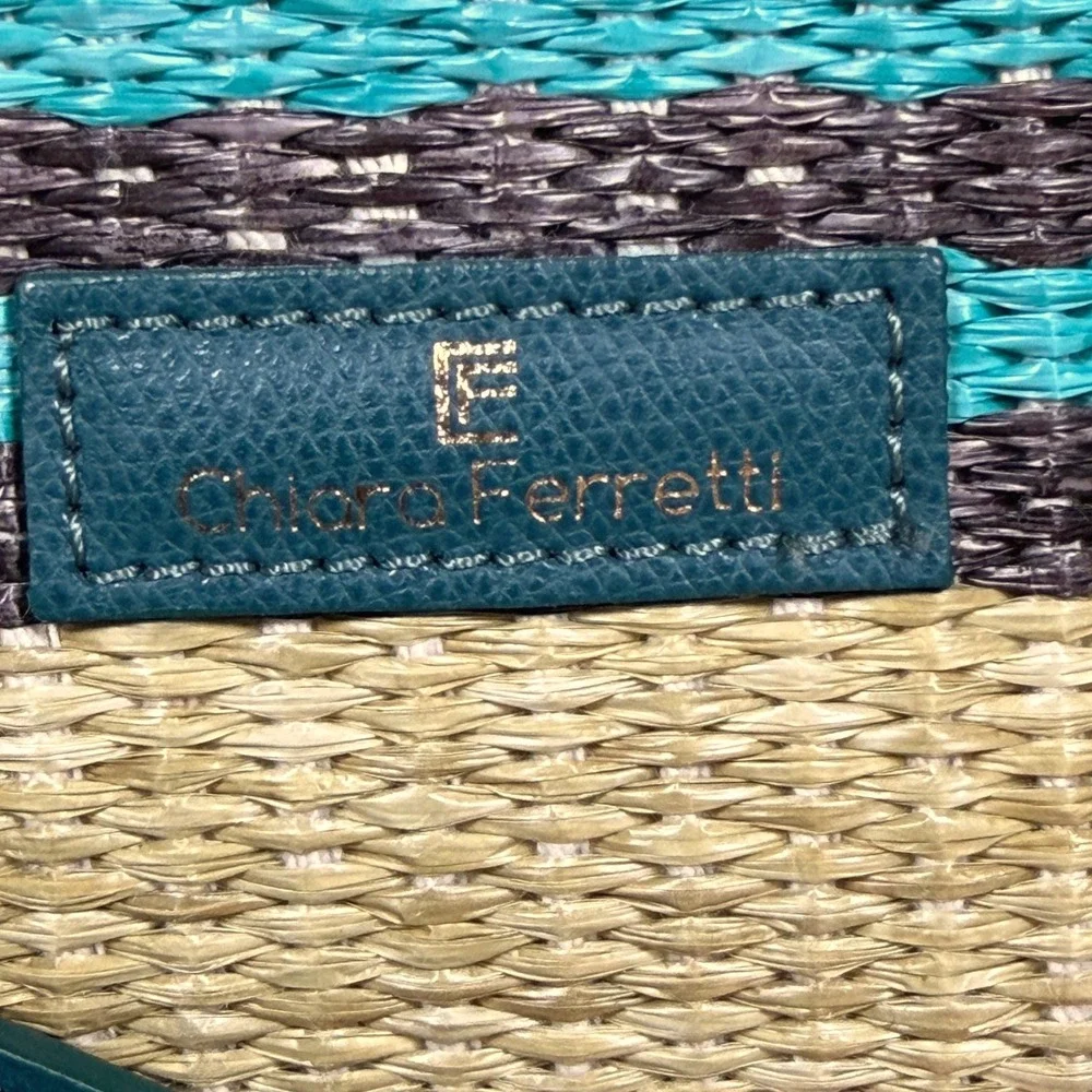 Chiara Ferretti Italian Leather Woven Raffia Striped Satchel Crossbody Tote Bag